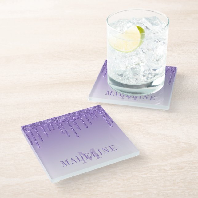 Modern Fashionable Purple Glitter Monogram Glass Coaster (Angled)