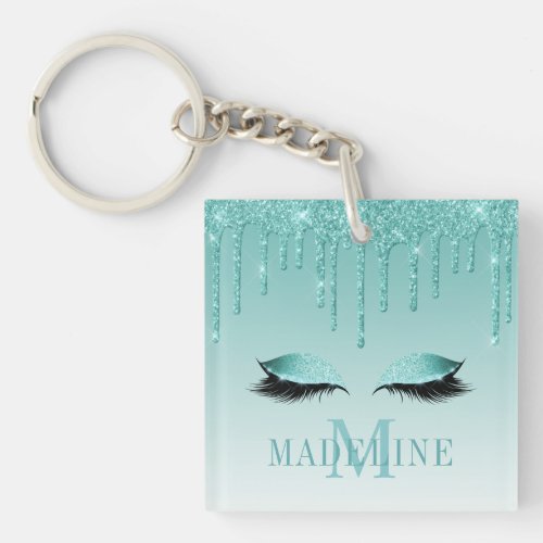 Modern Fashionable Teal Glitter Lashes Monogram Keychain