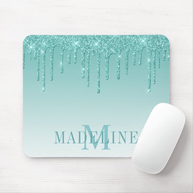 Modern Fashionable Teal Glitter Monogram Mouse Pad (With Mouse)