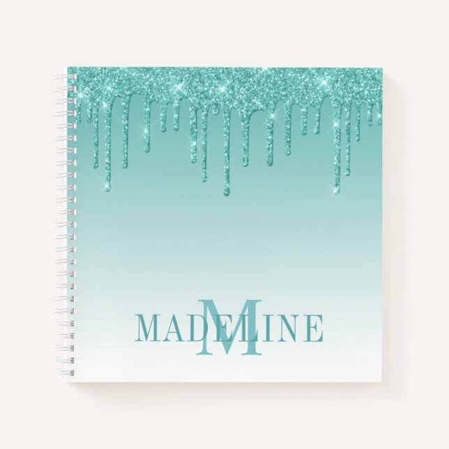 Modern Fashionable Teal Glitter Monogram Notebook (Front)