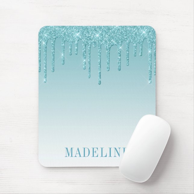Modern Fashionable Trendy Aqua Glitter Drip Mouse Pad (With Mouse)