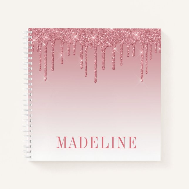Modern Fashionable Trendy Dusty Pink Glitter Drip Notebook (Front)