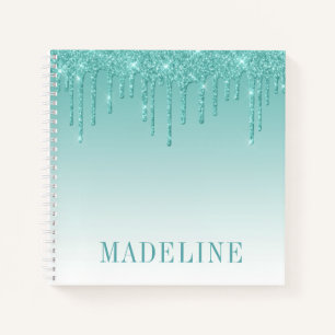 Modern Fashionable Trendy Teal Glitter Drip Notebook