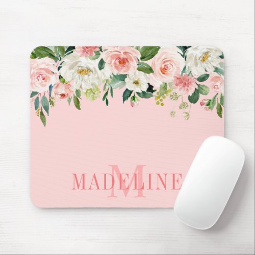 Modern Fashionable Watercolor Pink Floral Monogram Mouse Pad