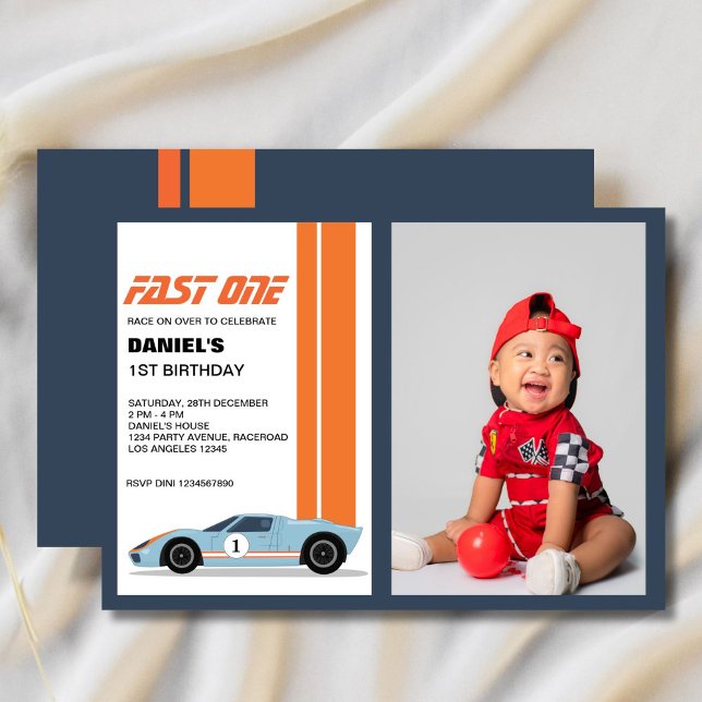 Modern Fast One Race Car 1st Birthday Photo Invitation (Creator Uploaded)