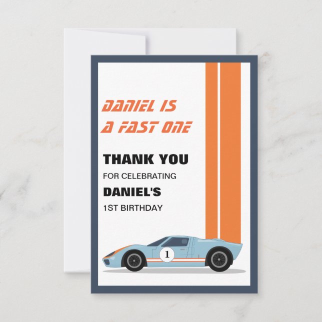 Modern Fast One Race Car 1st Birthday Thank You Card (Front)