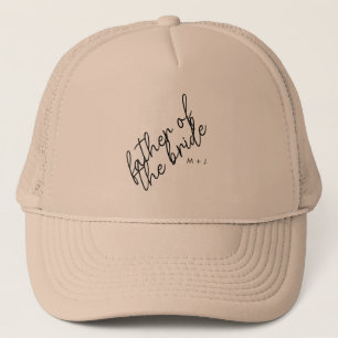 Modern Father of the Bride   Beige + Black Script Trucker Hat