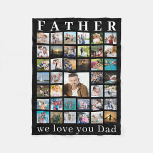 Modern FATHER Photo Collage Your Text Black Fleece Blanket