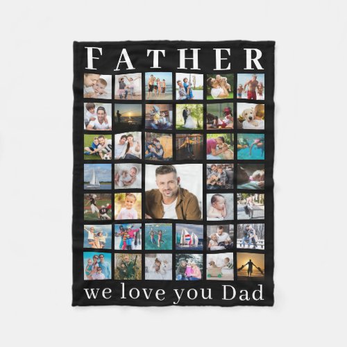 Modern FATHER Photo Collage Your Text Black Fleece Blanket - Create a memorable keepsake for a special Dad with this FATHER photo collage blanket of easy-to-upload 30 favorite photo memories and personalized with your text (the sample says WE LOVE YOU DAD).  PHOTO TIP:  For fastest/best results, choose a photo with the subject in the middle and/or pre-crop it to a square shape BEFORE uploading and it will fill the photo space perfectly. NOTE that pixelation/blurry warnings may occur and you'll need to resize your original photo to enlarge it before uploading--contact the designer if you need additional help. CHANGES:  Change the background color or text font style, color, size and placement by clicking on CUSTOMIZE FURTHER. Contact the designer via Zazzle Chat or makeitaboutyoustore@gmail.com if you'd like this design modified or on another product.