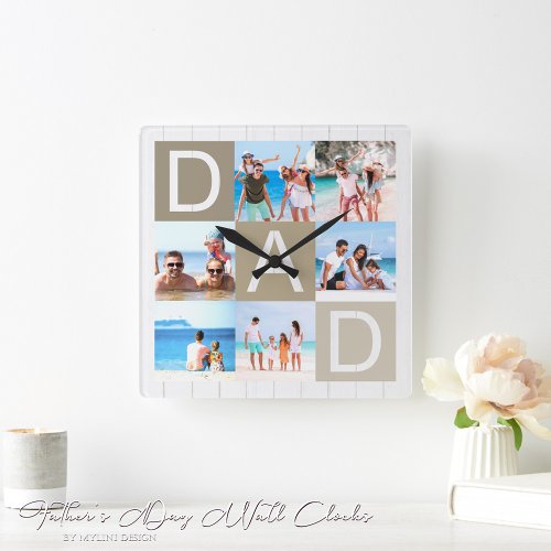 Modern Fathers Day Photo Collage Square Wall Clock