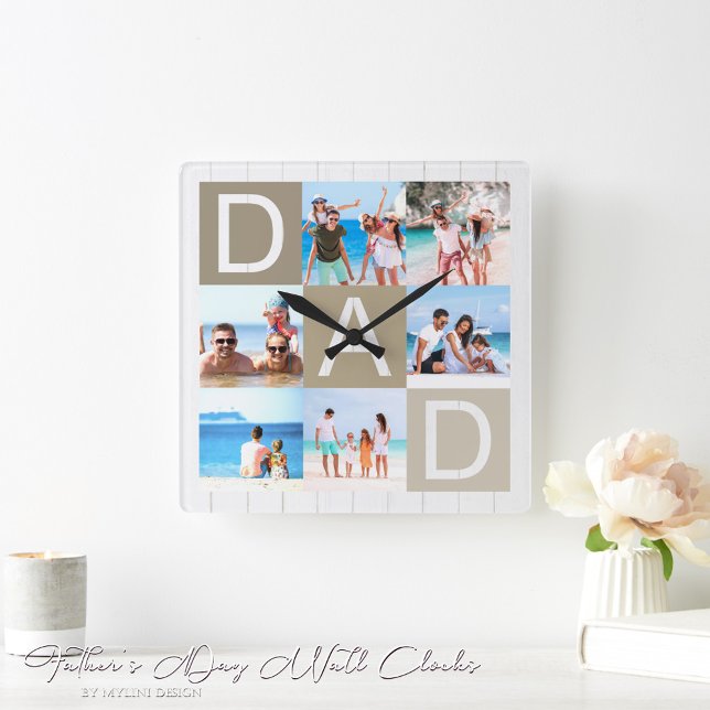 Modern Father's Day Photo Collage Square Wall Clock (Creator Uploaded)