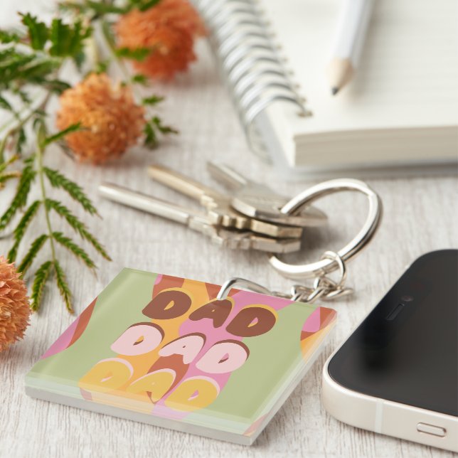 Modern Fathers Day Retro Pattern Dad Message Keychain (Front Right)