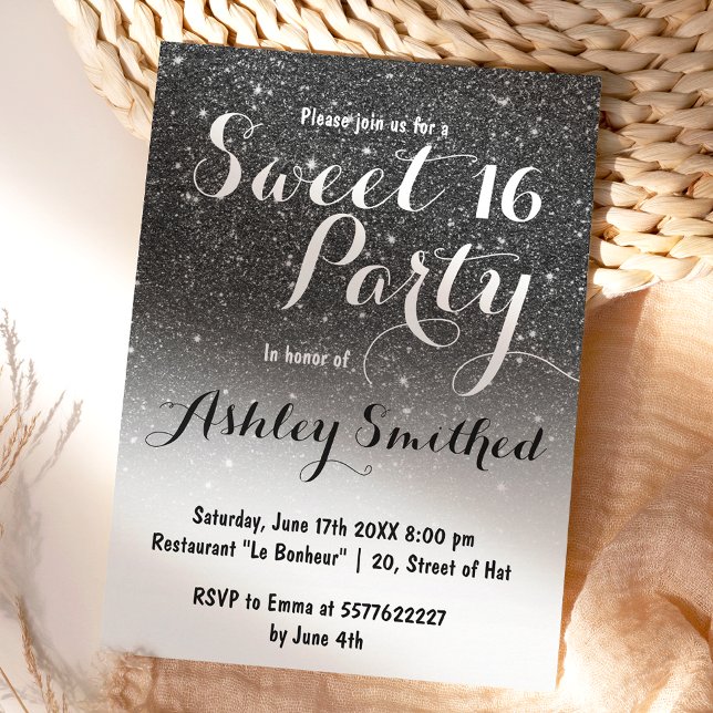 Modern faux black glitter white ombre Sweet 16 Invitation (Creator Uploaded)