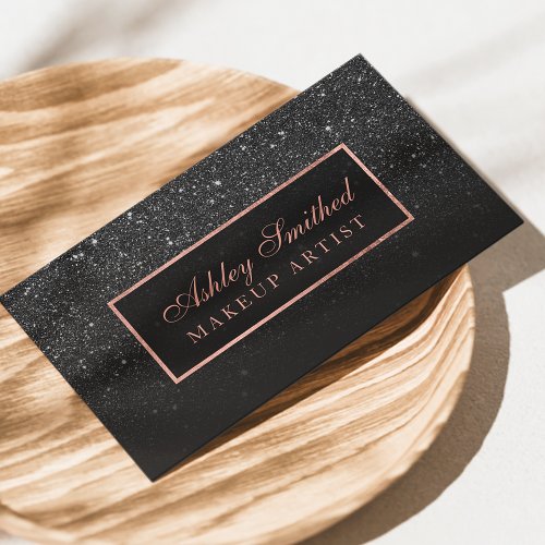 Modern faux black rose gold glitter makeup business card