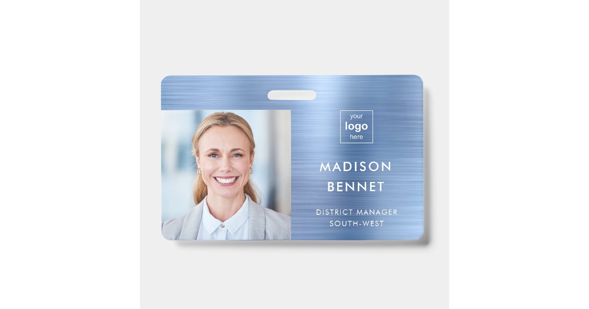 Modern Faux Blue Metallic Corporate Photo ID Badge | Zazzle