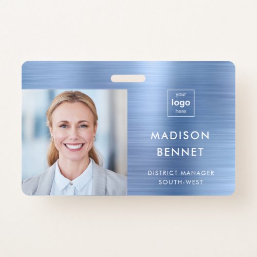 Modern Faux Blue Metallic Corporate Photo ID Badge