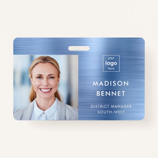 Modern Faux Blue Metallic Corporate Photo ID Badge (Front)