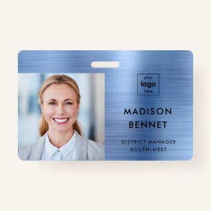 Modern Faux Blue Metallic Corporate Photo ID Badge