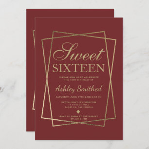 Modern faux chic gold script burgundy Sweet 16 Invitation