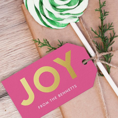 Modern Faux Foil Joy Name Christmas Gift Tags