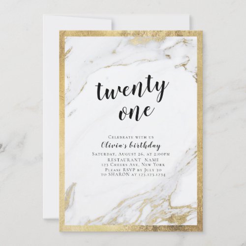 Modern faux gilded gold marble 21st birthday party invitation