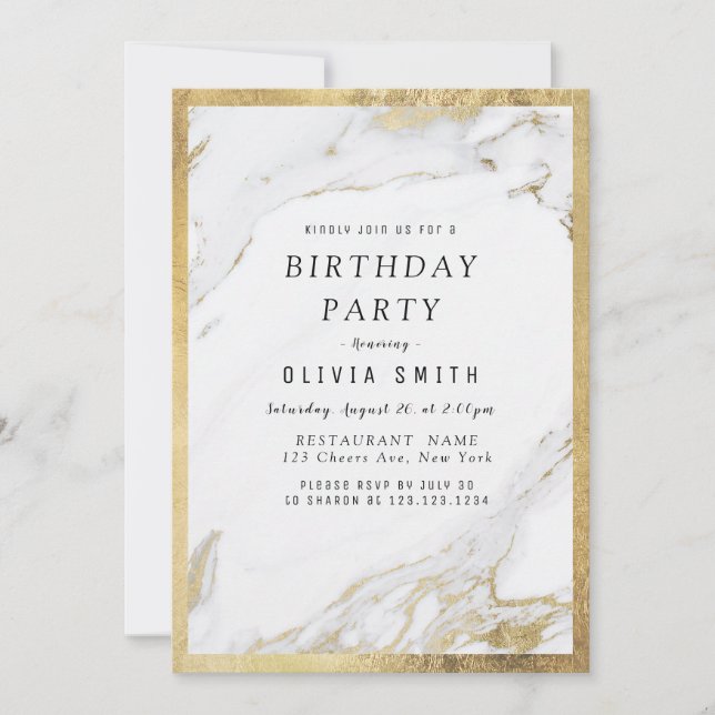 Modern faux gilded gold marble  birthday party invitation (Front)