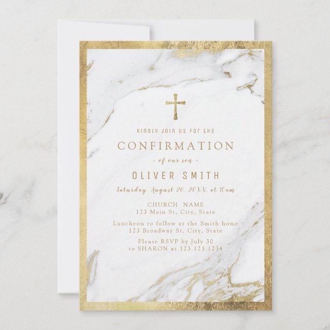 Modern faux gilded gold marble confirmation invitation (Front)