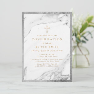 Modern faux gilded silver marble confirmation invitation