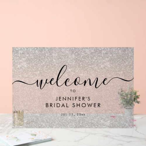 Modern Faux Glitter Bridal Shower Welcome SILVER Acrylic Sign