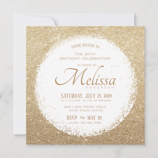 Modern Faux Glitter Gold and White Birthday Invite (Front)