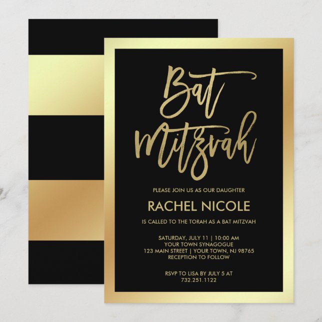 Modern Faux Gold and Black Bat Mitzvah Invitation (Front/Back)