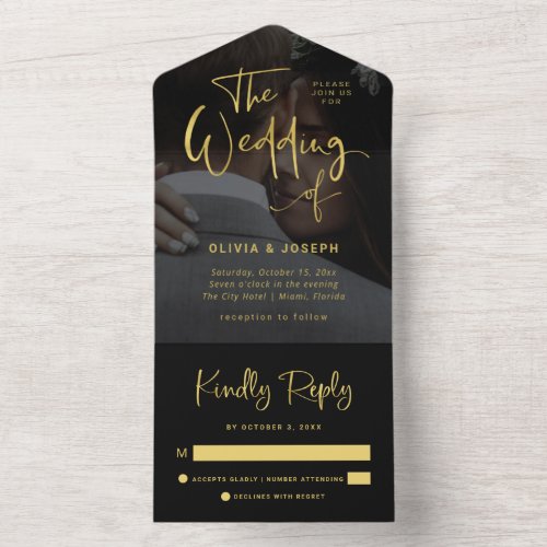Modern Faux Gold and Black Overlay  Photo Wedding All In One Invitation
