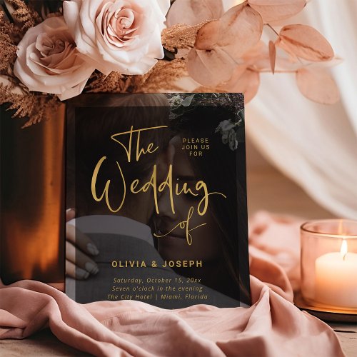 Modern Faux Gold and Black Overlay  Photo Wedding Invitation