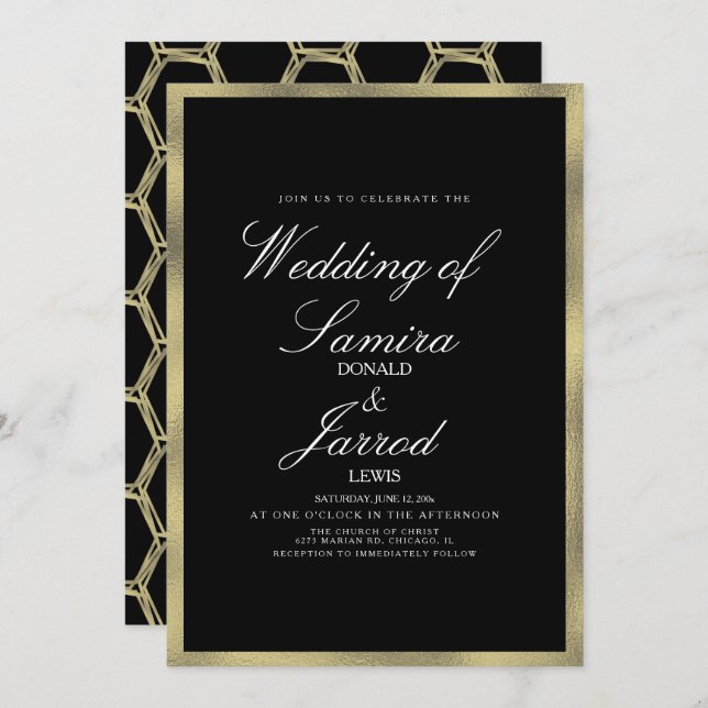 Modern Faux Gold Black Geometrical Wedding Invitation (Front/Back)