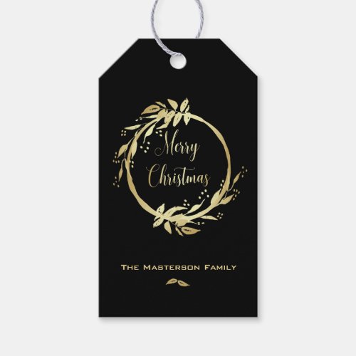 Modern Faux Gold Black Merry Christmas Wreath Gift Tags