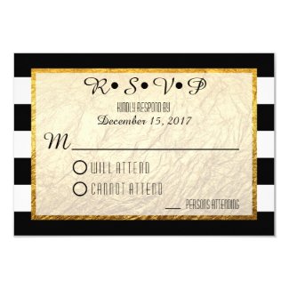 Modern Faux Gold Black White Stripe Wedding RSVP Card