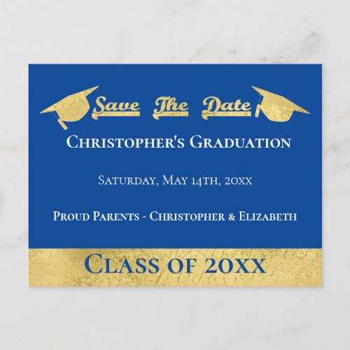 Modern Faux Gold Blue Save The Date Graduation Cap Announcement Postcard