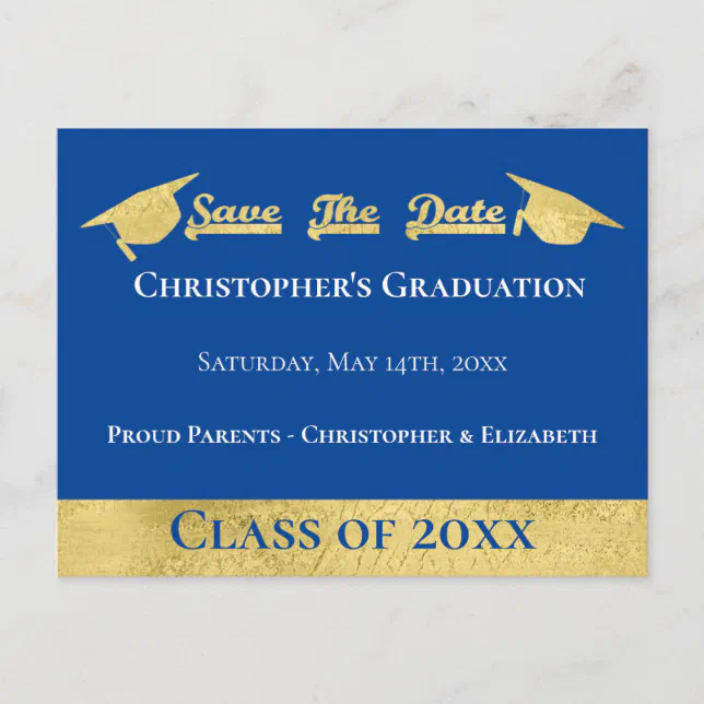 Modern Faux Gold Blue Save The Date Graduation Cap Announcement ...