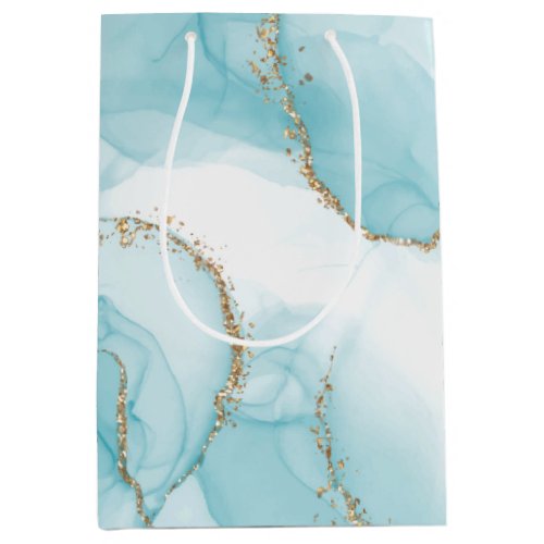 Modern Faux Gold  Blue Watercolor Marble Pattern Medium Gift Bag