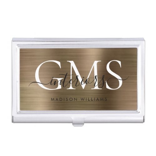 Modern Faux Gold Brushed Metal 3 Monogram Script Business Card Case