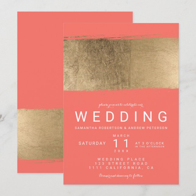Modern faux gold brushstroke coral wedding invitation (Front/Back)