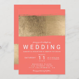 Modern faux gold brushstroke coral wedding invitation