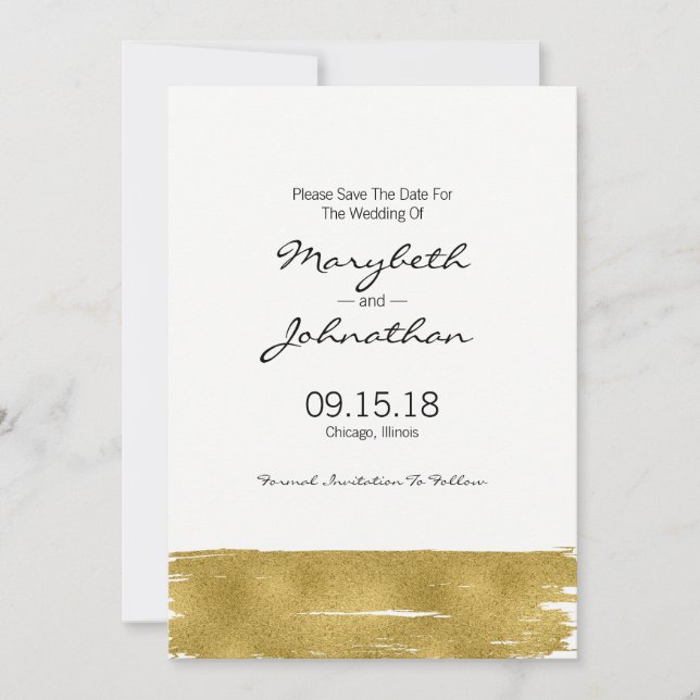 Modern Faux Gold Brushstroke Save The Date Card (Front)
