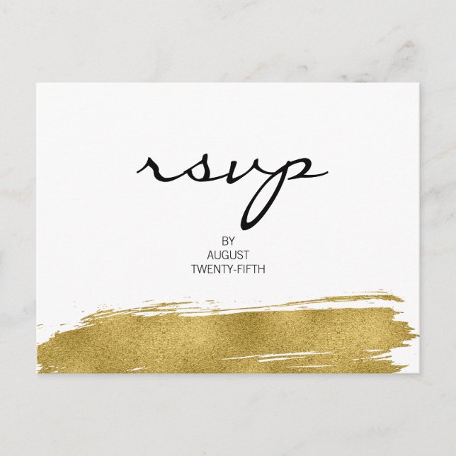 Modern Faux Gold Brushstroke Wedding RSVP Postcard (Front)