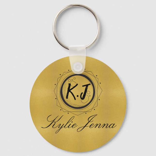 Modern Faux Gold Celestial Monogram & Script Name Keychain (Front)