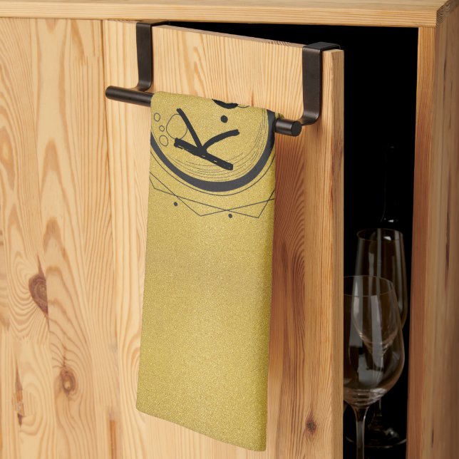 Modern Faux Gold Celestial Monogram & Script Name Kitchen Towel (Thirds Fold)