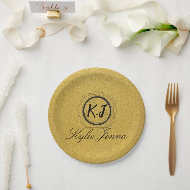 Modern Faux Gold Celestial Monogram & Script Name Paper Plates (Wedding)