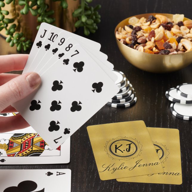 Modern Faux Gold Celestial Monogram & Script Name Poker Cards (In Situ)