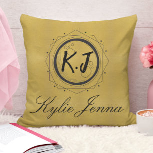 Modern Faux Gold Celestial Monogram & Script Name Throw Pillow
