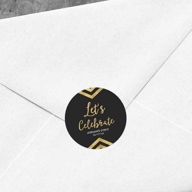 Modern Faux Gold Chevron Let's Celebrate Round Classic Round Sticker (Creator Uploaded)